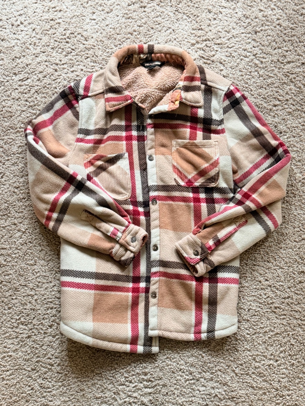 Realtree Small Plaid Sherpa-Lined Shirt Jacket - Beige & Red - Picture 2 of 4